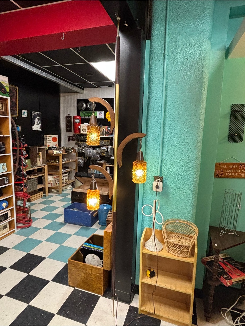 Vintage Mid-Century tension pole Lamp with wood and Amber Glass Shades
